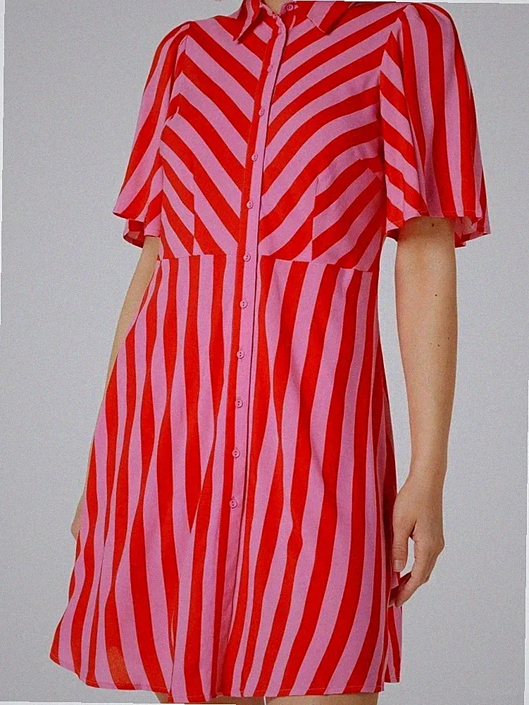 Y.A.S Hemdblusenkleid 🩷❤️ Gr.42 Rot Rosa gestreift Kragen Viskose A Linie