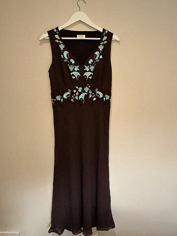 Y2K Kaliko Maxikleid braun Seide bestickt UK 14 Boho Anlass Hochzeit Gast
