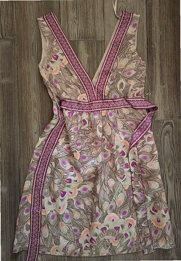 Y2K, Pastell Paradiesvogel-Kleid mit Bordüre und Band, Gr. S/36