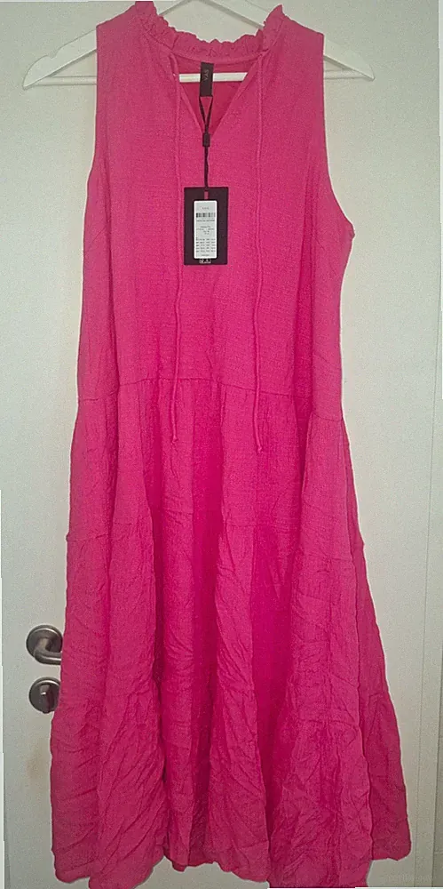 YAS Damen Midi Kleid Rosa Gr. S A-Linie Baumwolle V-Ausschnitt Rüschen