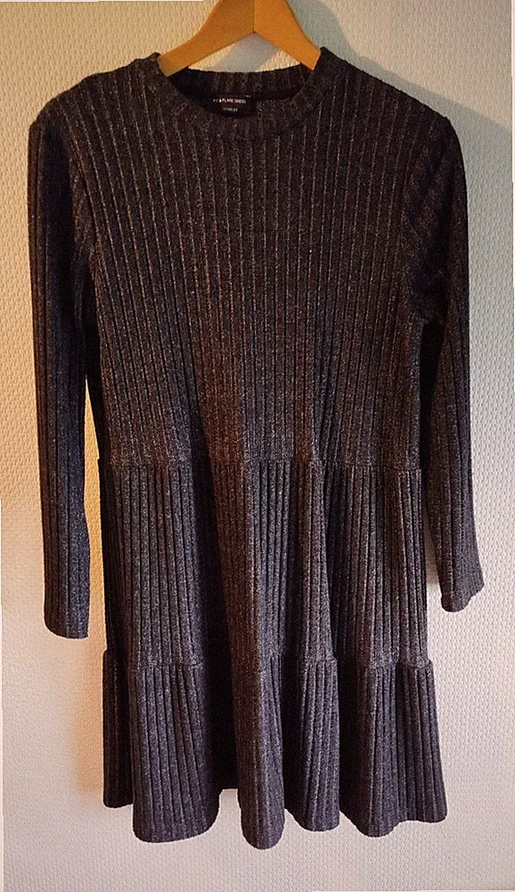 Yessica Damen Kleid L Grau Stretch langarm knielang Strickoptik Fit Flair Dress