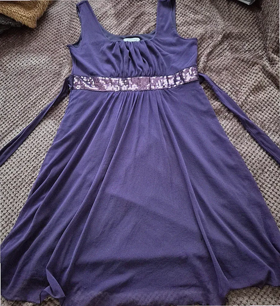 Yessica Damenkleid 40 lila A-Linie ärmellos Pailletten Bindegürtel Jersey
