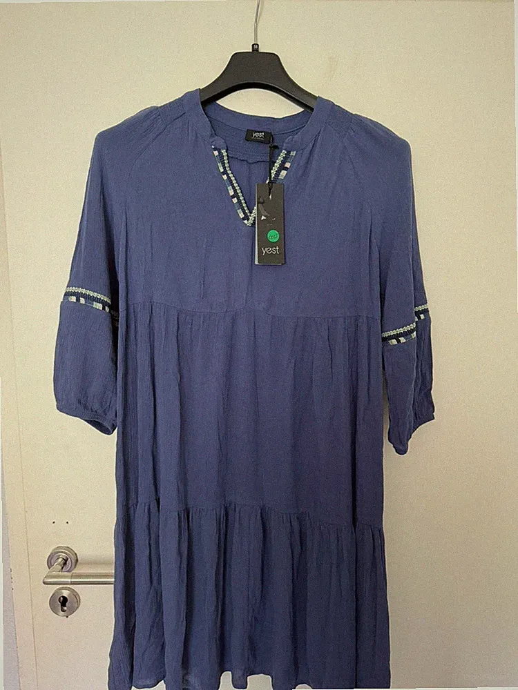 Yest Damen Kleid Blau Gr. 36 Midi A-Linie 3/4-Ärmel V-Ausschnitt Viskose