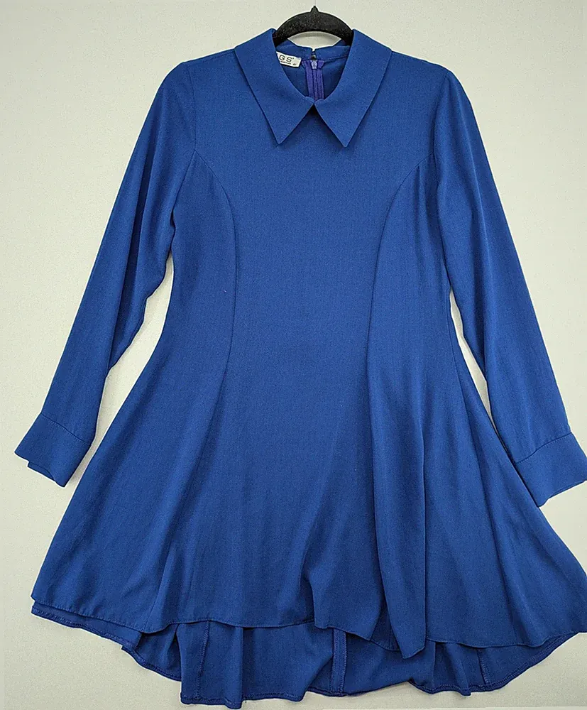 YGS Damen Kleid Gr 40 Blau Langarm Kragen A-Linie High Low Saum