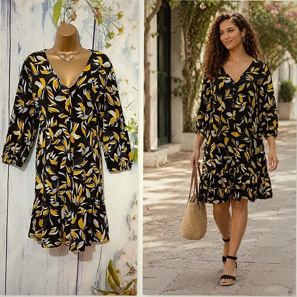 Yours schwarz Blumen Kleid Gr. 20 V-Ausschnitt Hängerchen Stretch Tunika Boho Freizeit Smart