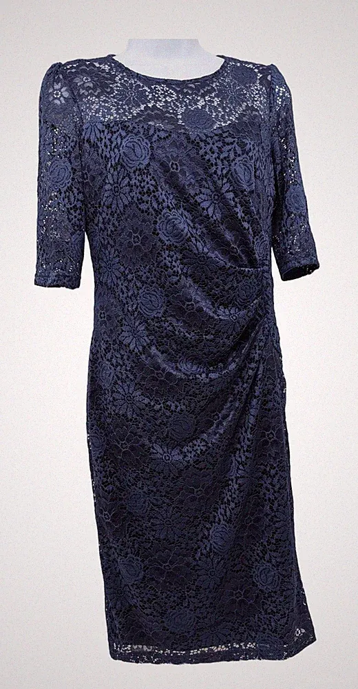 Yumi Damenkleid dunkelblau Blumen Spitze UK 10 gerafft wackelnd Hochzeit Gast Party