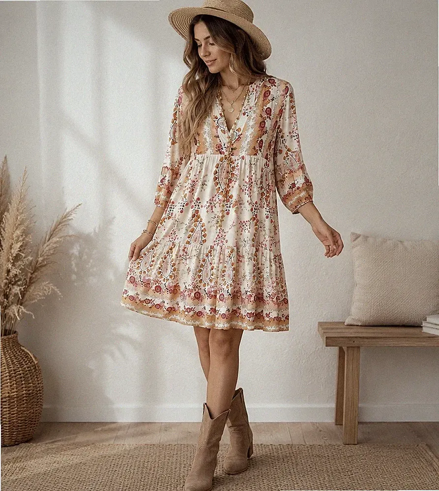 Zabaione Kleid Standkleid luftig Hängerchen Sommer Gr. S / 36 beige rot braun