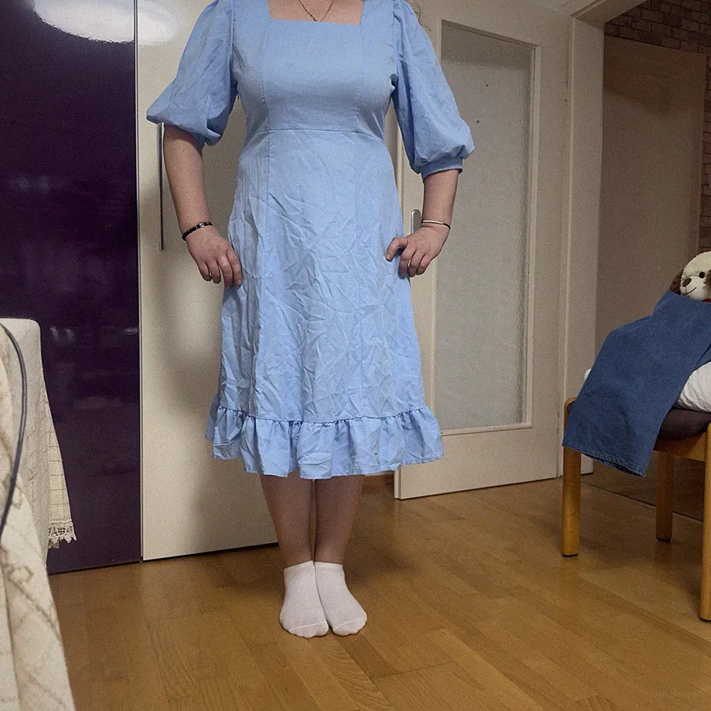 Zanzea blaues A-Linien-Midikleid Damen Gr. XXXL | Puffärmel, Rüschen