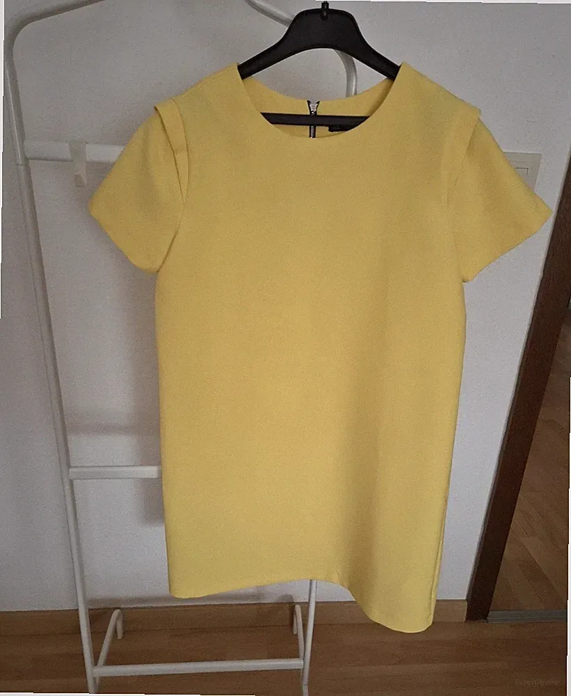 Zara Basic Damen Etuikleid gelb Gr. S kurzarm Rundhals Reißverschluss