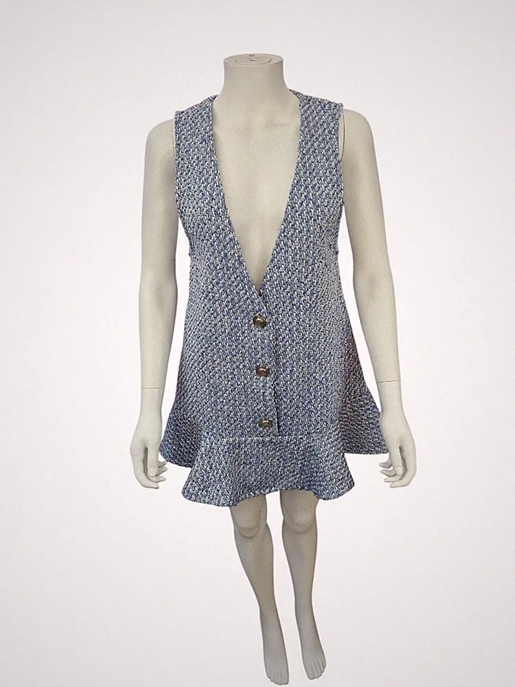 ZARA blaues Tweed V-Ausschnitt Button Down Weste Kleid Rüschen Volant Saum Gr. XS