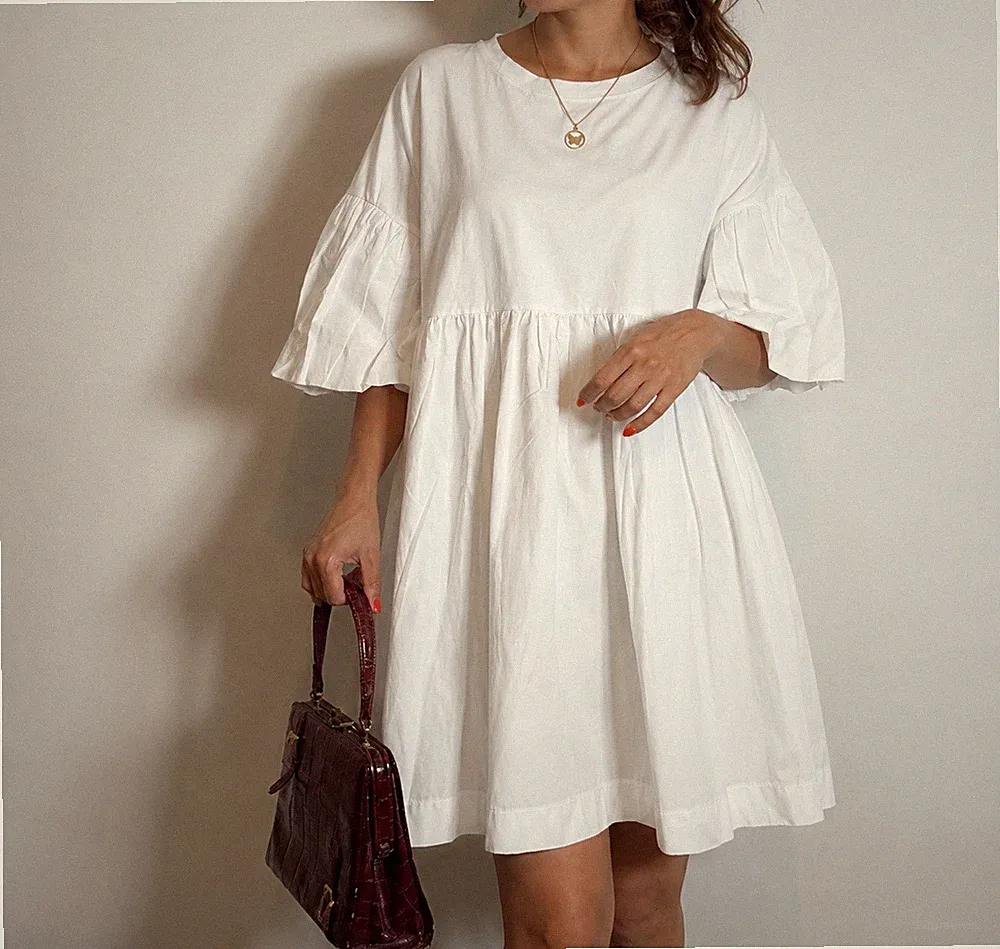 Zara Damen A-Linien-Kleid Weiß kurz Gr. M 3/4 Ballonärmel Volant