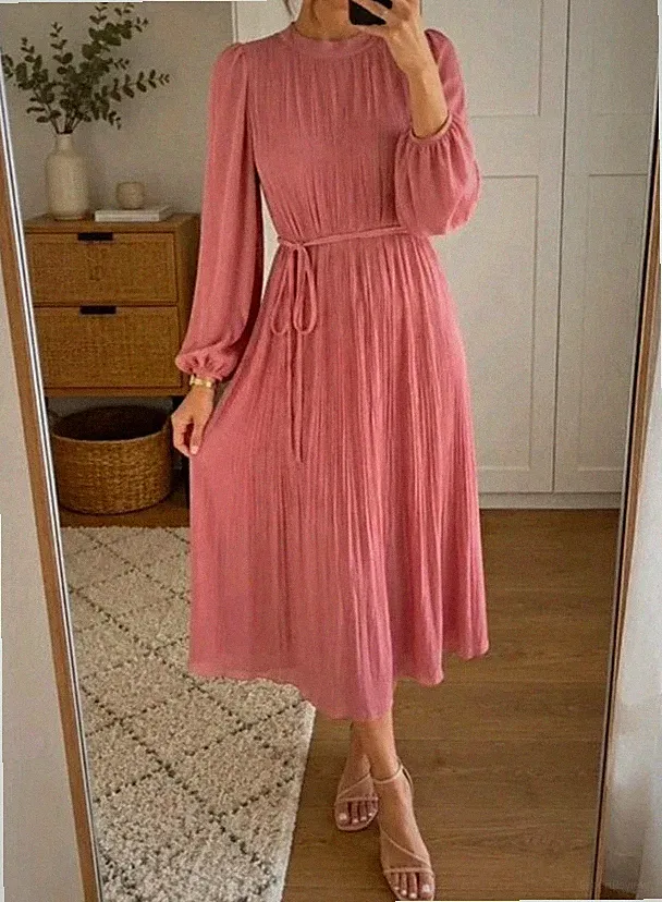 Zara Damen A-Linien Midi Kleid M Rosa Plissee Rundhals Langarm Puffärmel