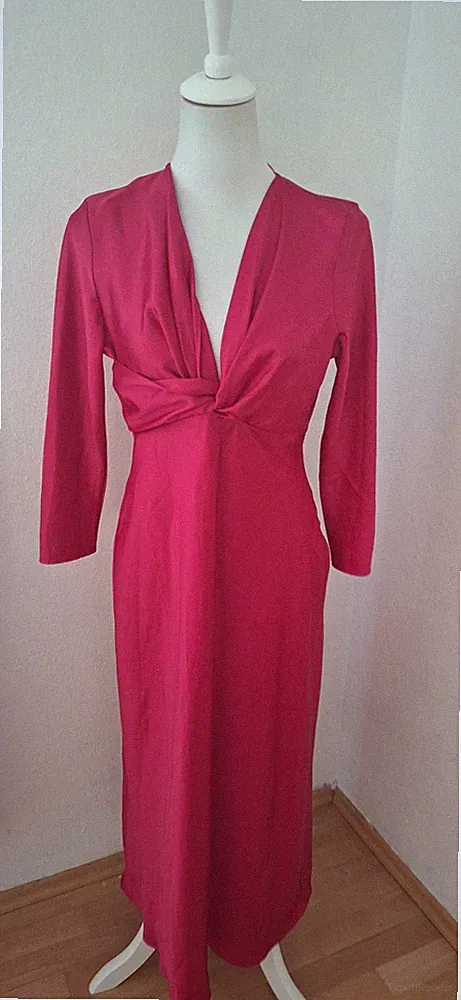 ZARA Damen Etuikleid Midi M pink Satin V-Ausschnitt 3/4-Arm Zierknöpfe