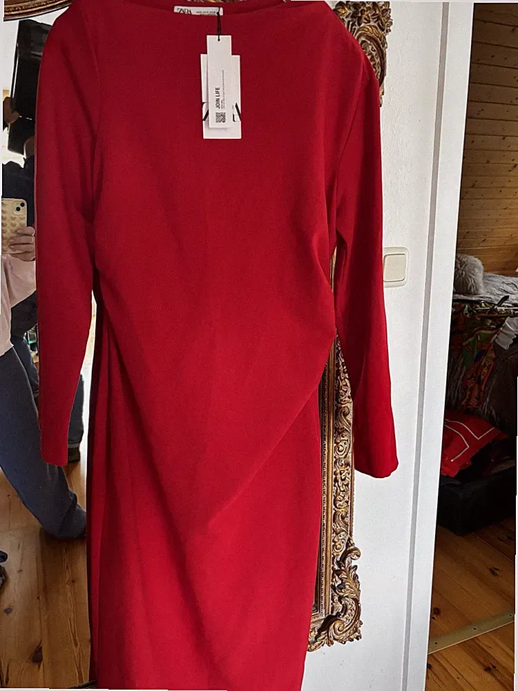 ZARA Damen Etuikleid Midi Rot Langarm Rundhals Jersey Polyester Gr. XL