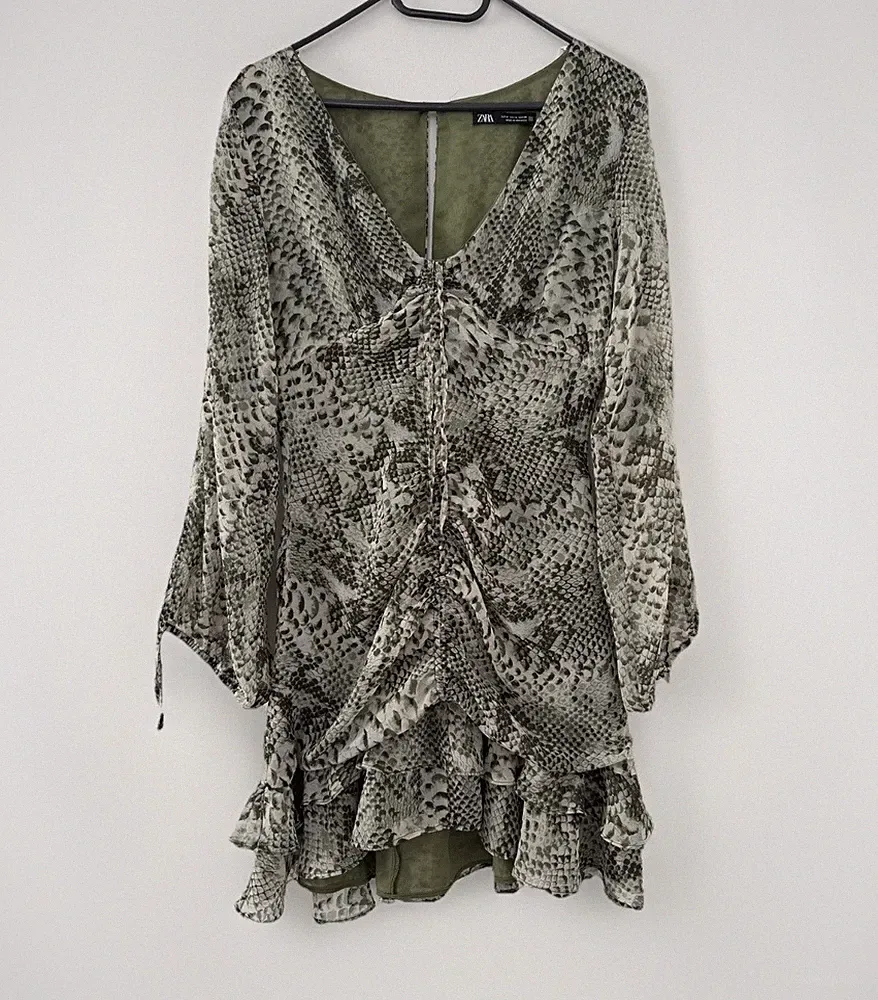 ZARA Damen Kleid Chiffon Gr.M Animal Print Schlangenprint grün