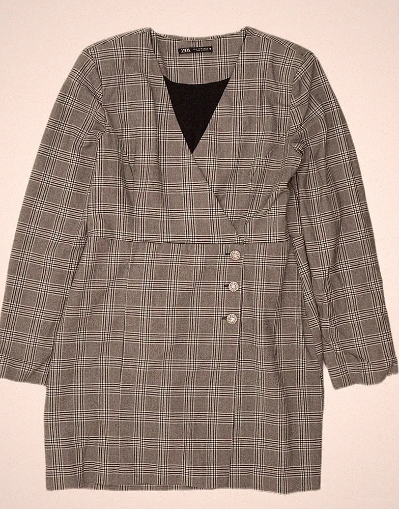 Zara Damen Langarm Etuikleid UK 18 XL grau kariert Polyester FA96