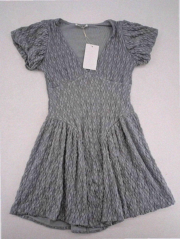 Zara Damen Minikleid M Grau Puffärmel V Ausschnitt A Linie Fit Flare