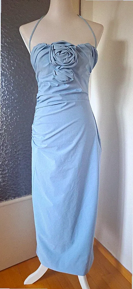 Zara Damen Satin Etuikleid Midi M blau Spaghettiträger Herz Rüschen RV