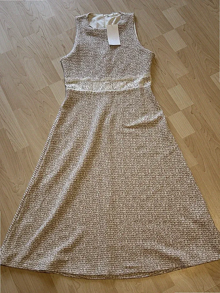 Zara Damen Tweedkleid Midi A-Linie Beige/Weiß kariert ärmellos RV Gr. L