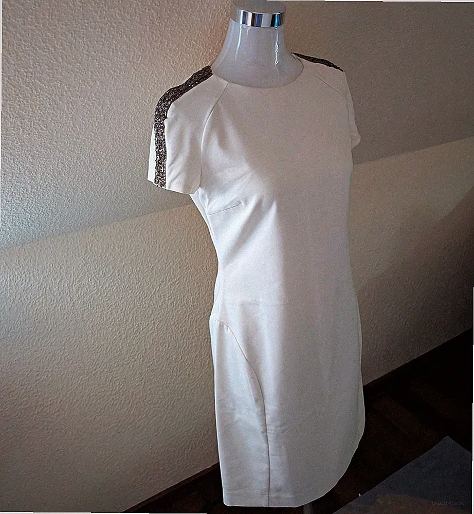 Zara Etuikleid elegant Stretch elfenbein schimmernd Kurzarm bestickt Perlen L
