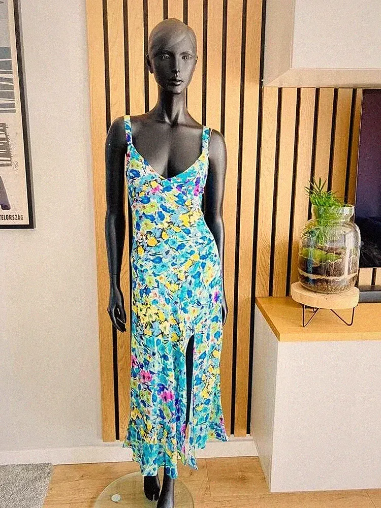 ZARA KLEID BLUMENDRUCK SOMMER HOCHZEITSGAST BLAU TEE SCHLITZ MIDI S SMALL 8 4 36