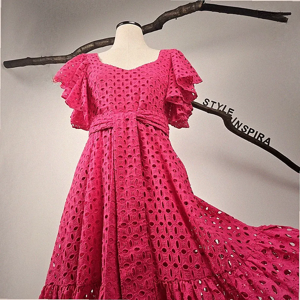 ZARA 💗 KLEID MIDIKLEID A-LINIE LOCHSTICKEREI BINDEGÜRTEL FUCHSIA 3088/922