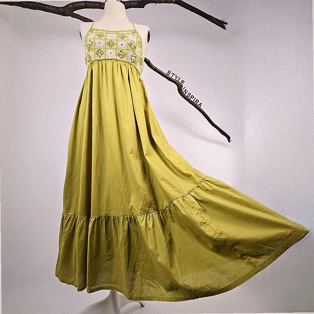 ZARA 🫒 KLEID MIDIKLEID TRÄGERKLEID A-LINIE HÄKELEI GEHÄKELT PERLEN BAUMWOLLE M