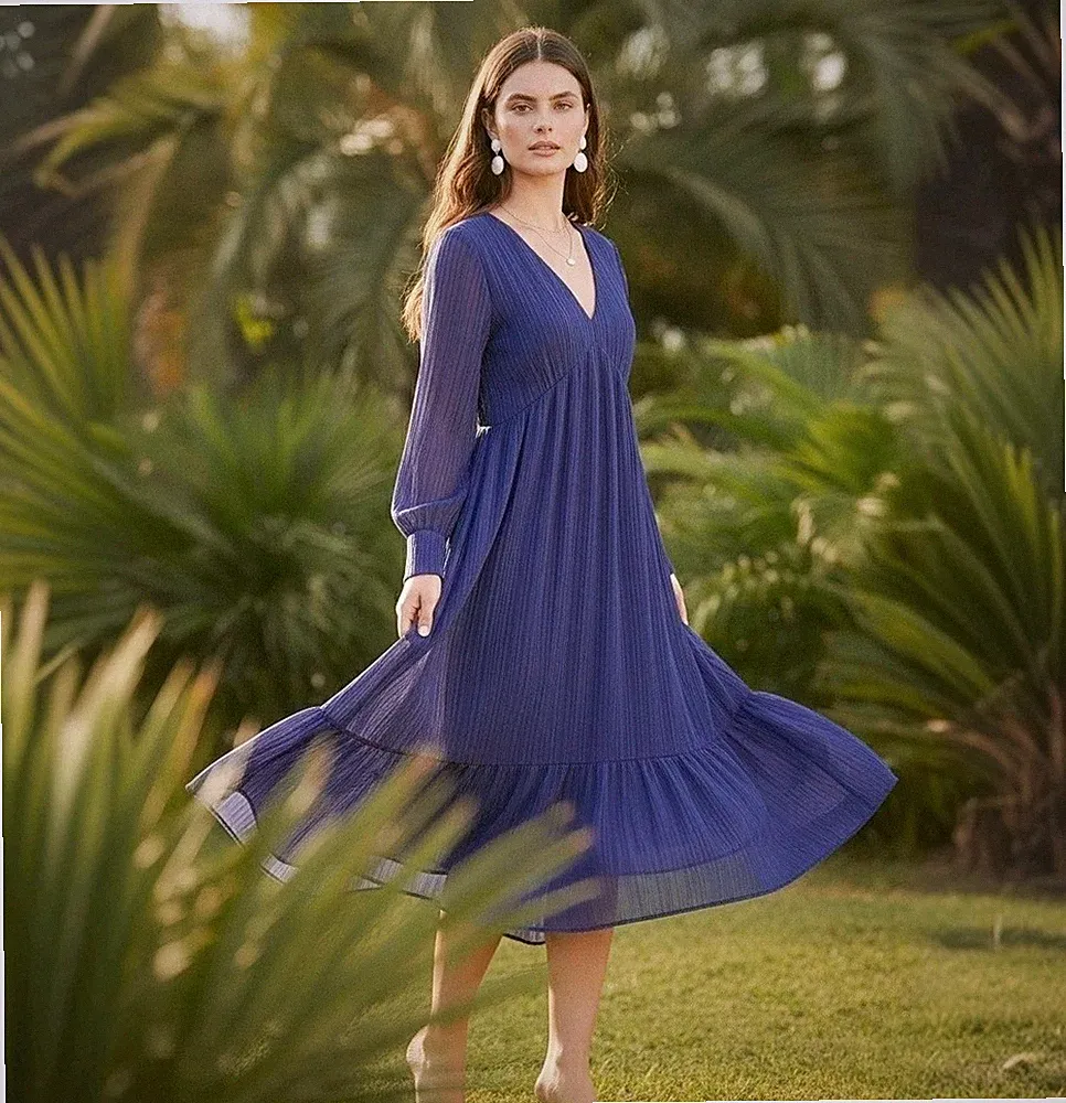 ZARA 🤍 KLEID MIDIKLEID WEIT MAXIKLEID A-LINIE VOLANTROCK PLISSEE BLAU
