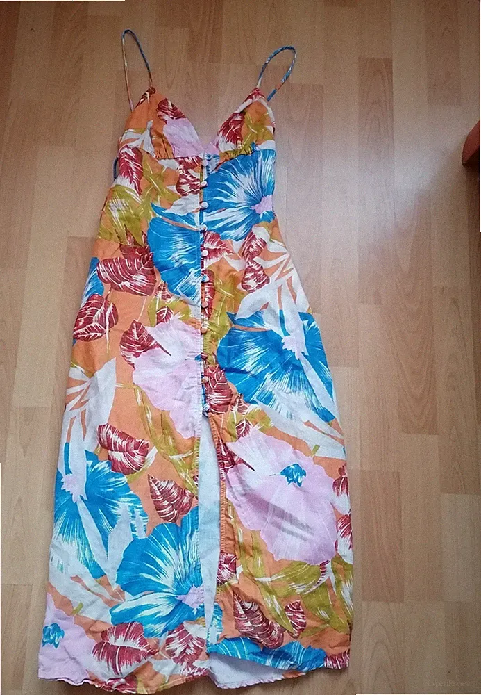 Zara Kleid S Leinen Viskose Blumen Rückenfrei Wadenlang Knopfleiste