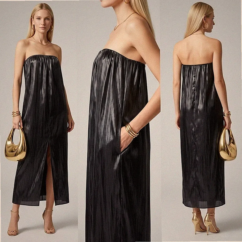 ZARA 🤍 KLEID TUBE MIDIKLEID ETUIKLEID ABENDKLEID SCHULTERFREI SCHWARZ GLÄNZEND