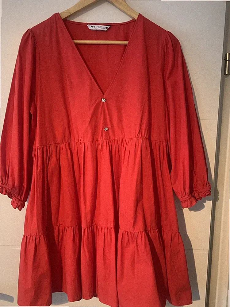 Zara Kurzkleid Rot Gr. MEX 30 V-Ausschnitt 3/4-Arm A-Linie Rüschen Knöpfe