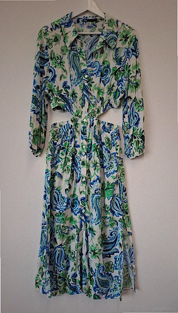 Zara Midi Hemdblusenkleid Größe L grün blau geblümt Paisley Cut Out