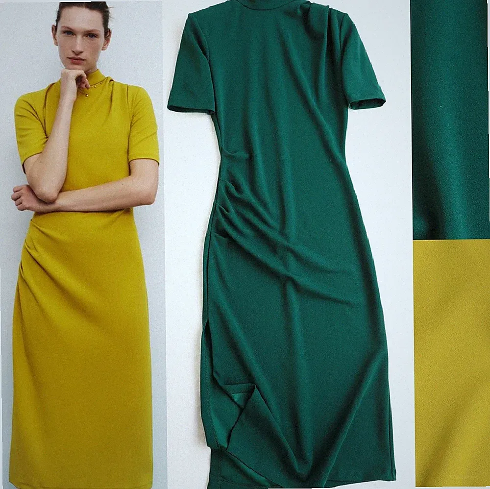 ZARA ORIENTALISCH QIPAO SENF STRETCHIG SKINNY BLEISTIFT ETUIKLEID GERAFFT BODYCON