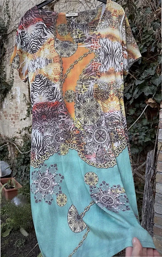 Zauberhaftes leichtes MALVIN Kleid Gr42 Glitzer 95%PE 5%Elastan kurzarm LP.170€