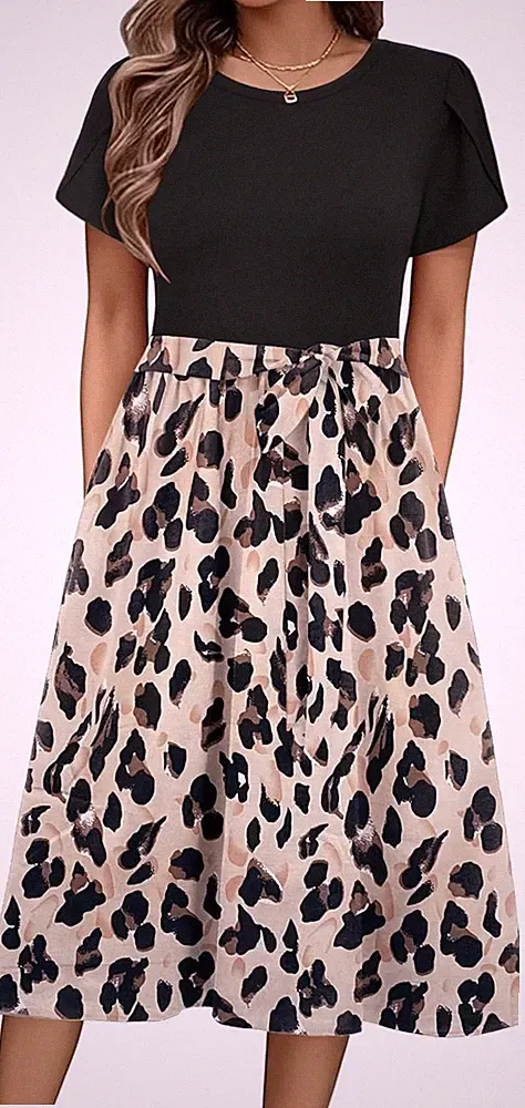 ZEAGOO Kleid Damen Midikleid A-Linie Kurzarm Rundhals Blumen S-XXL mit Taschen