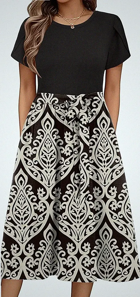 ZEAGOO Kleid Sommerkleid A-Linie Midikleid mit Taschen S-XXL Blumen Print Navy B