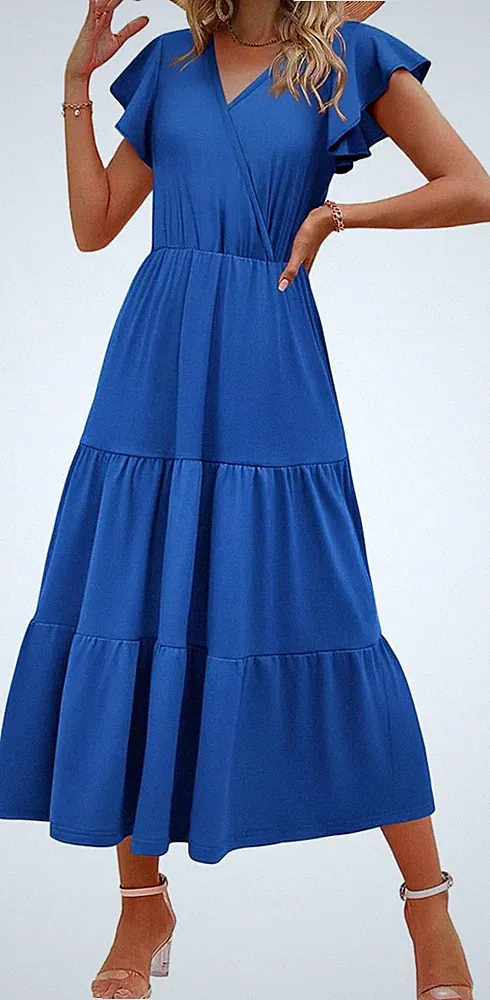 Zeagoo Sommerkleid Damen Maxikleid V-Ausschnitt A-Linie Rüschenärmel S-XXL