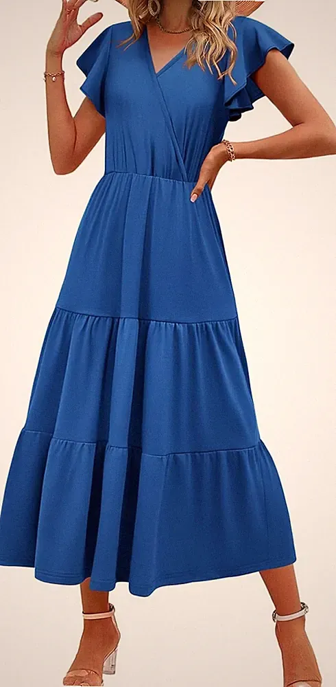 Zeagoo Sommerkleid Damen V-Ausschnitt Maxikleid A-Linie Rüschenärmeln S-XXL
