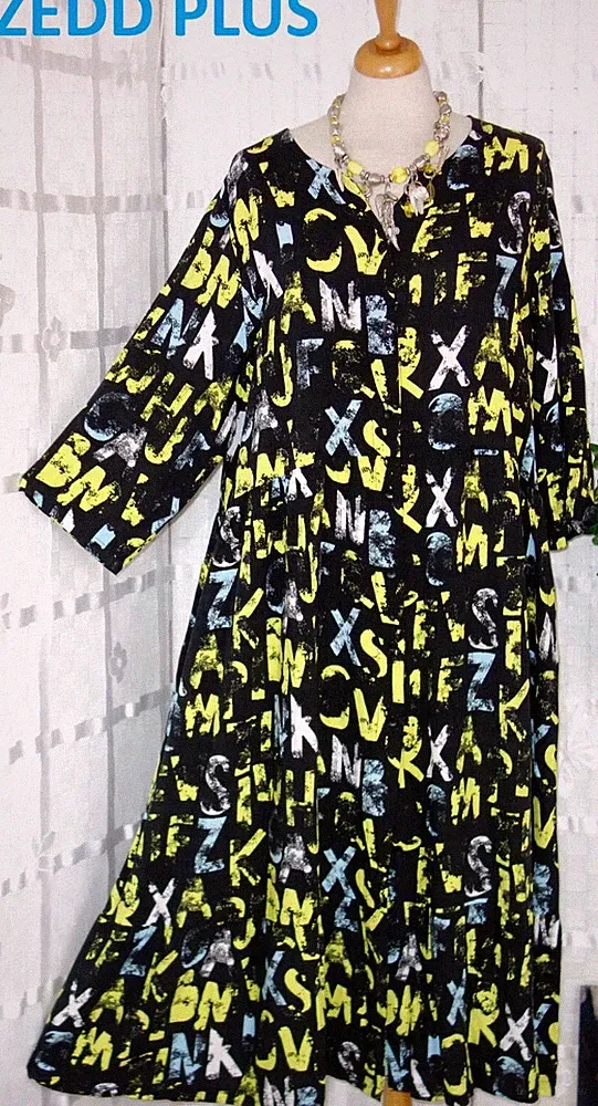 ZEDD PLUS Designer KLEID Gr 2 46 48 + schwarz hell blau gelb weiß Muster A Linie
