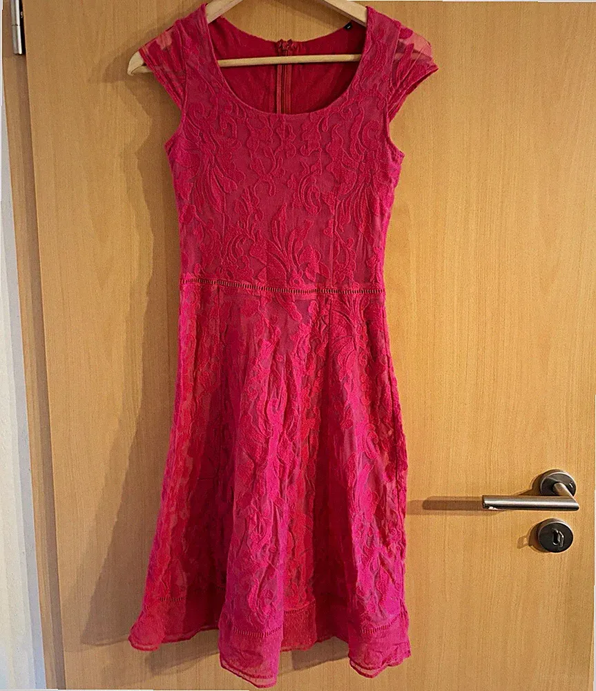 zero Damen A-Linien-Kleid Gr. 34 Rosa Spitze Ärmellos Rundhals Knielang RV