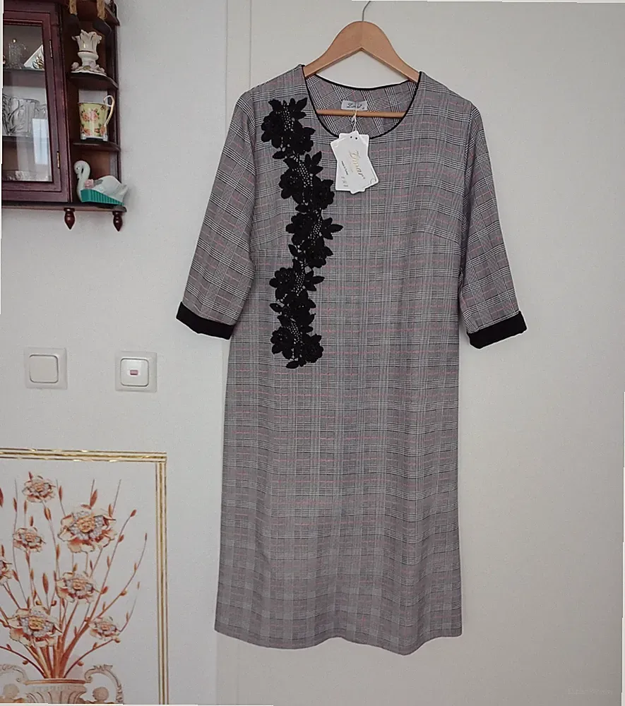Zimar Damen A-Linie Kleid Gr. L/XL grau kariert Spitze knie Rundhals 3/4