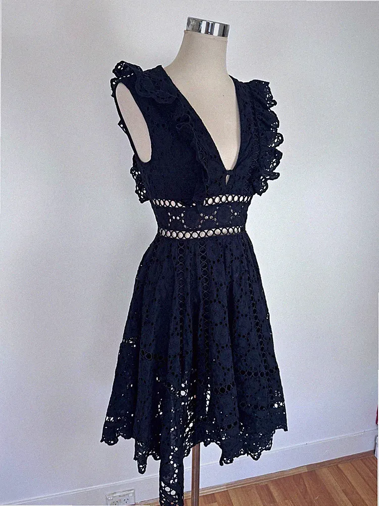 ZIMMERMANN Damen A-Linien Kleid schwarz Spitze kurz ärmellos V-Auss Cut-Out S