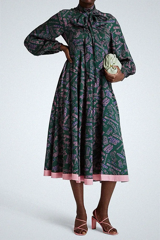 Zimmermann Day Midi Dress Silk Green Pink Zodiac Word Print Neck Tie Size AU0 XS