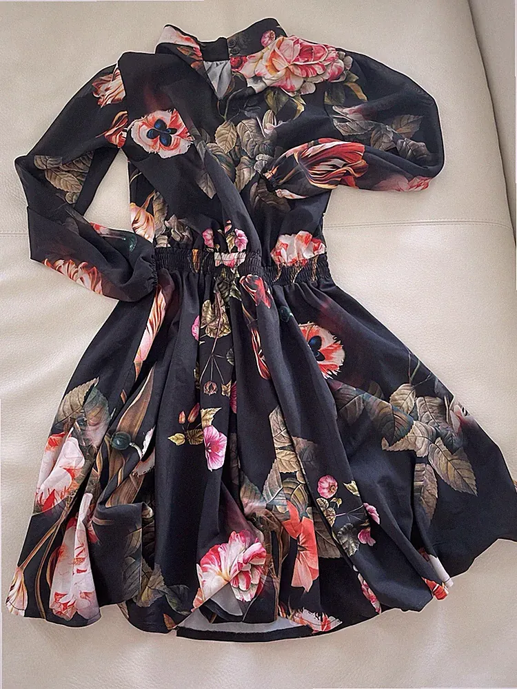 Zochа Damen Chiffonkleid M schwarz Blumen A-Linie kurz Langarm mit Gürtel