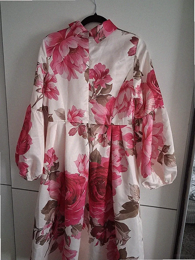 ZU Damen A-Linien-Kleid kurz Stehkragen Ballonärmel Blumen rosa/weiß Gr. L
