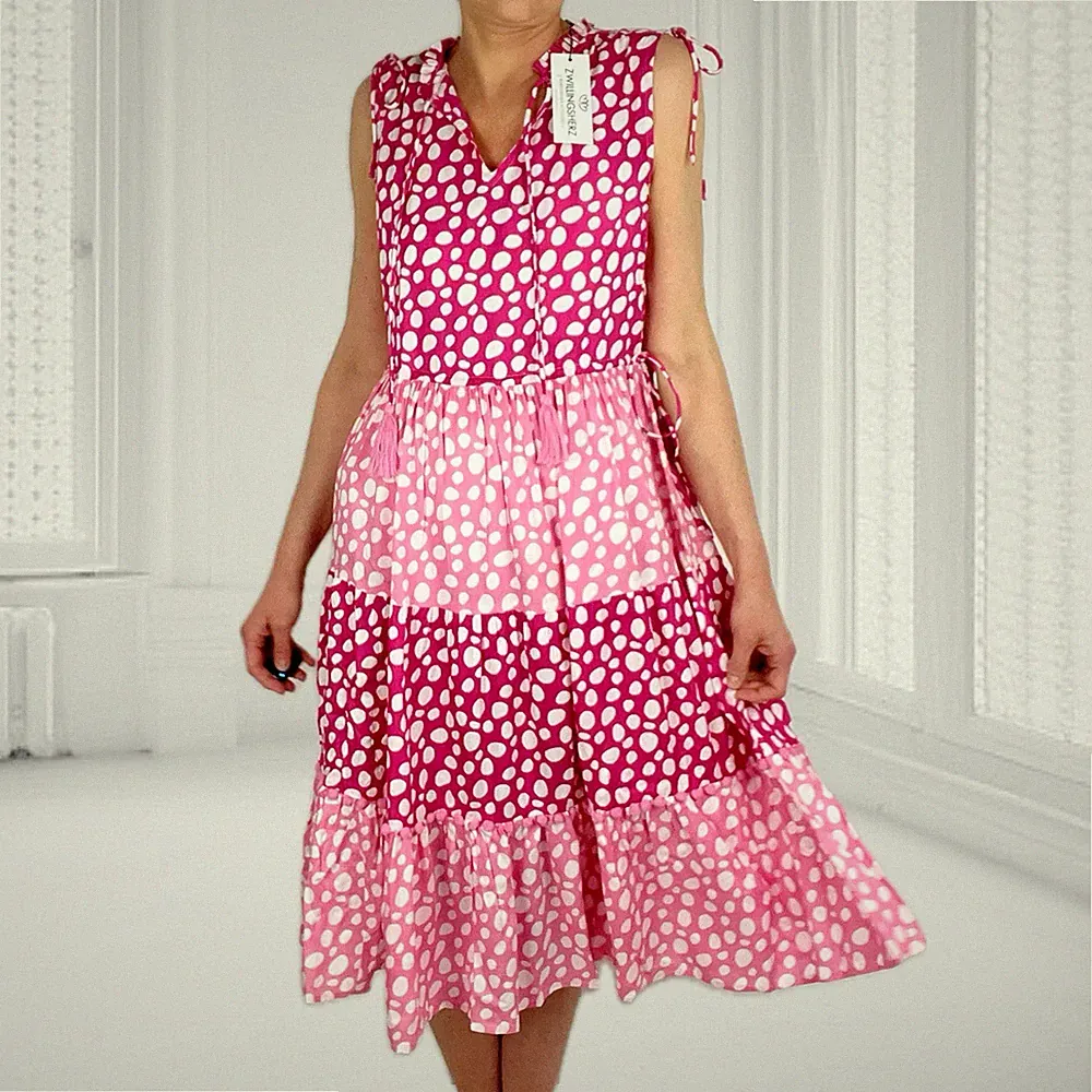 Zwillingsherz Midi Kleid Sommerkleid Volants Dots Punkte Pink Rosa S/M + L/XL