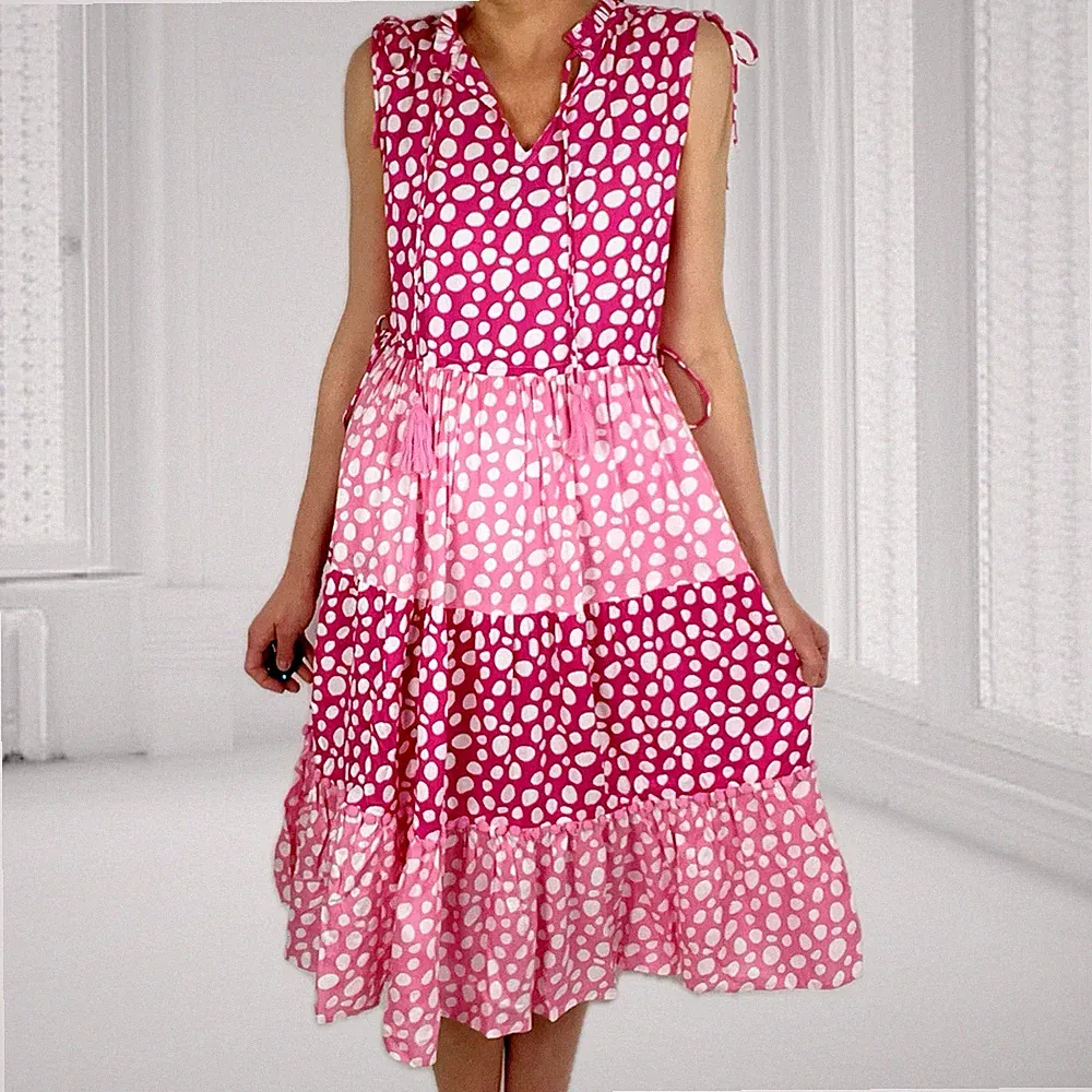 Zwillingsherz Midi Kleid Sommerkleid Volants Dots Punkte Pink Rosa S/M + L/XL